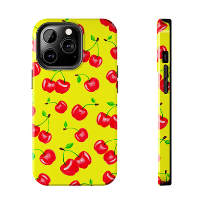 Tossed Red Watercolor Cherries Illustrated Pattern Bright Yellow Tough Phone Case | Various Models