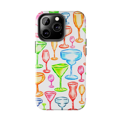 Monochromatic Margarita, Wine, Martini, and Champagne Flute Cocktail Glasses Watercolor Illustrated Tough Phone Case | Various Models Available