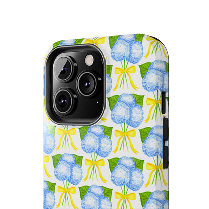 Blue Hydrangea Bouquets with Yellow Bow Ribbon Watercolor Illustrated Patterned Tough Phone Case | Various Models