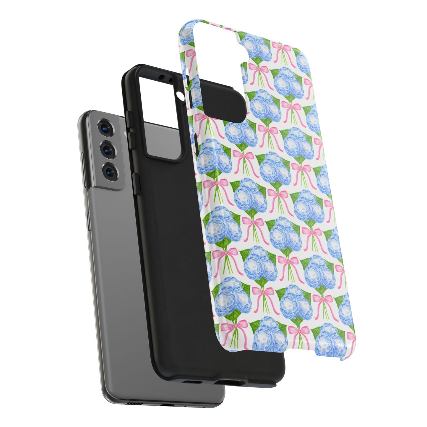 Blue Watercolor Hydrangea Bouqets with Light Pink Bows Watercolor Illustrated Patterned Tough Phone Case | Various Models