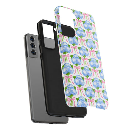 Blue Watercolor Hydrangea Bouqets with Light Pink Bows Watercolor Illustrated Patterned Tough Phone Case | Various Models