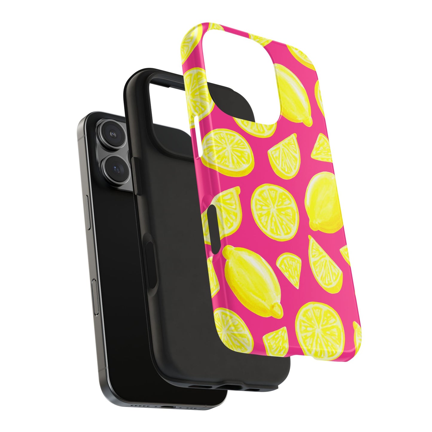 Bright Yellow Lemons Watercolor Illustrated Tossed Pattern Watermelon Pink Tough Phone Case | Various Models