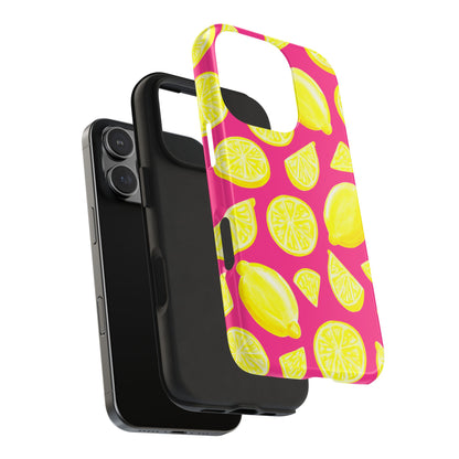 Bright Yellow Lemons Watercolor Illustrated Tossed Pattern Watermelon Pink Tough Phone Case | Various Models