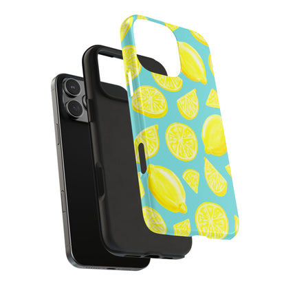Bright Yellow Lemons Watercolor Illustrated Tossed Pattern Turquoise Blue Tough Phone Case | Various Models