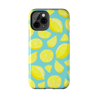 Bright Yellow Lemons Watercolor Illustrated Tossed Pattern Turquoise Blue Tough Phone Case | Various Models