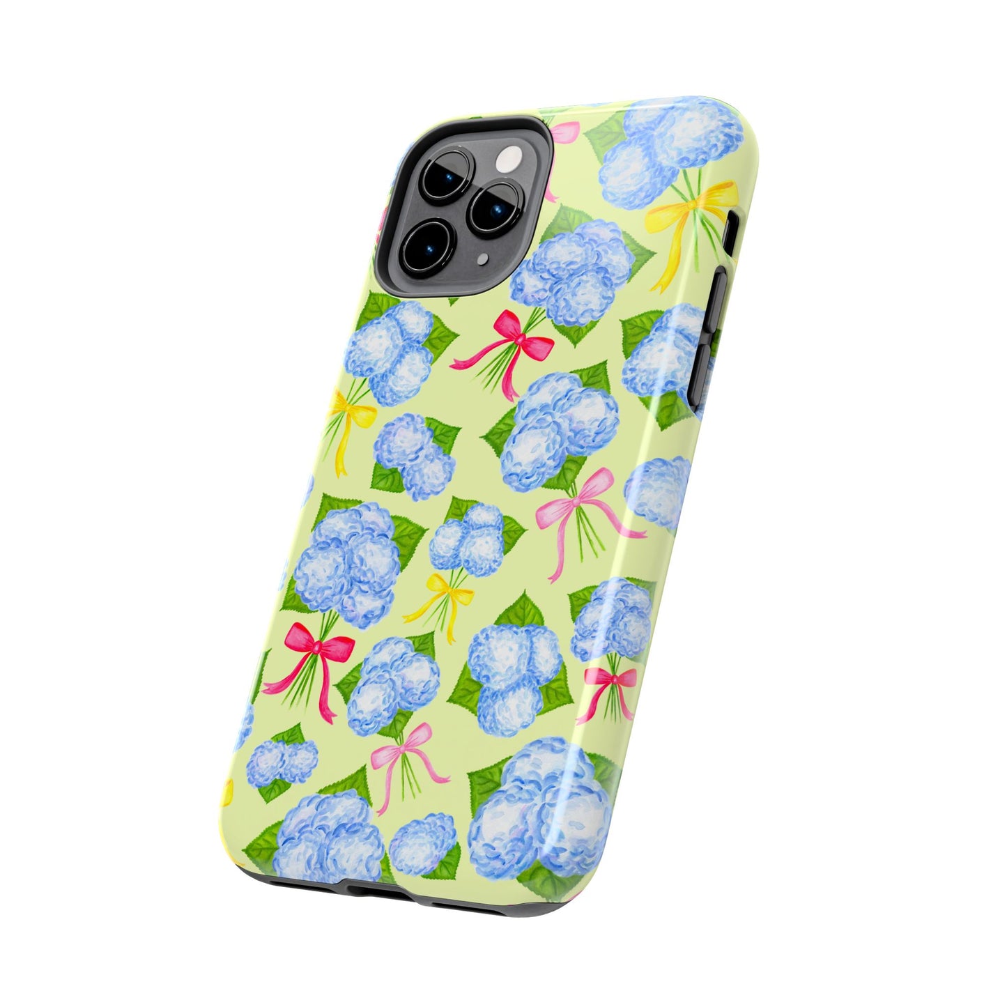 Blue Watercolor Hydrangea Bunches with Hot Pink, Yellow, Light Pink Bows Illustrated Patterned Yellow Tough Phone Case | Various Models