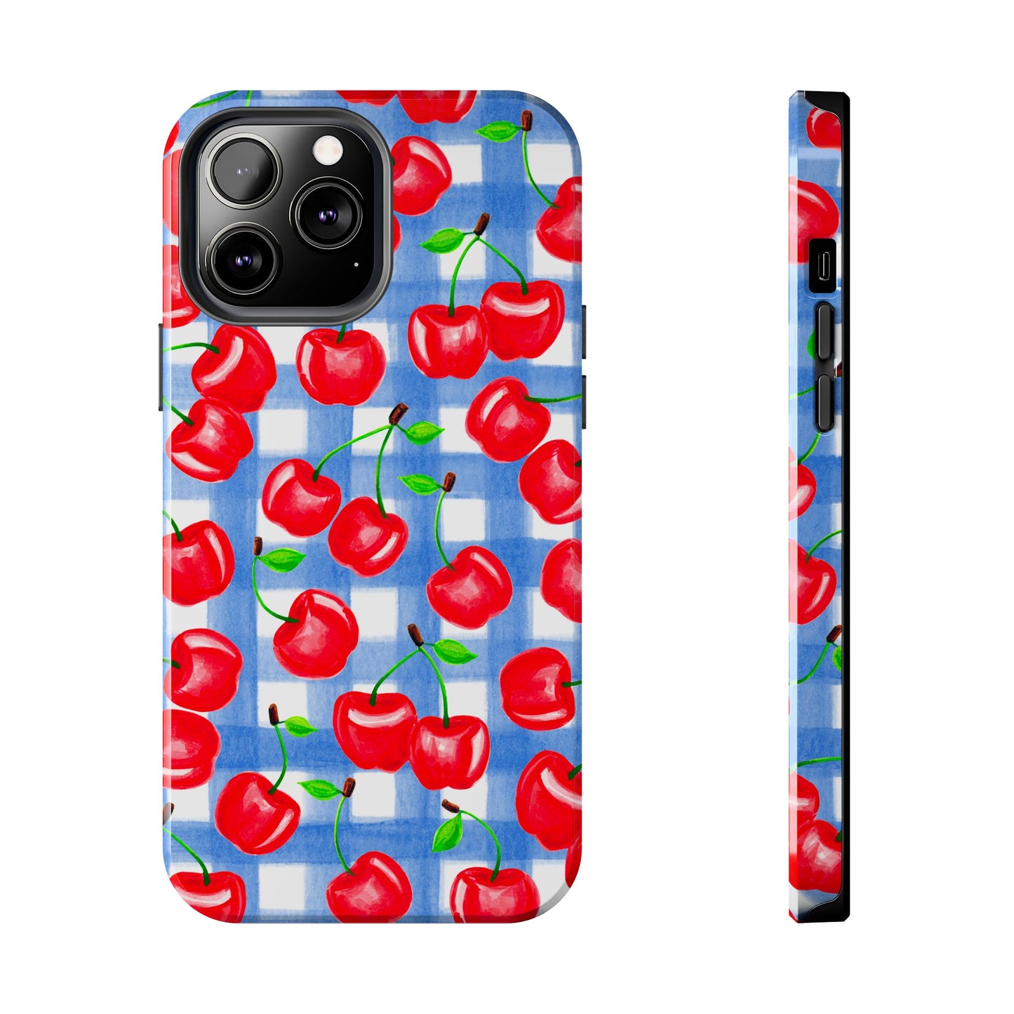 Tossed Red Cherries Blue Gingham Checkered Watercolor Illustrated Tough Phone Case | Various Models