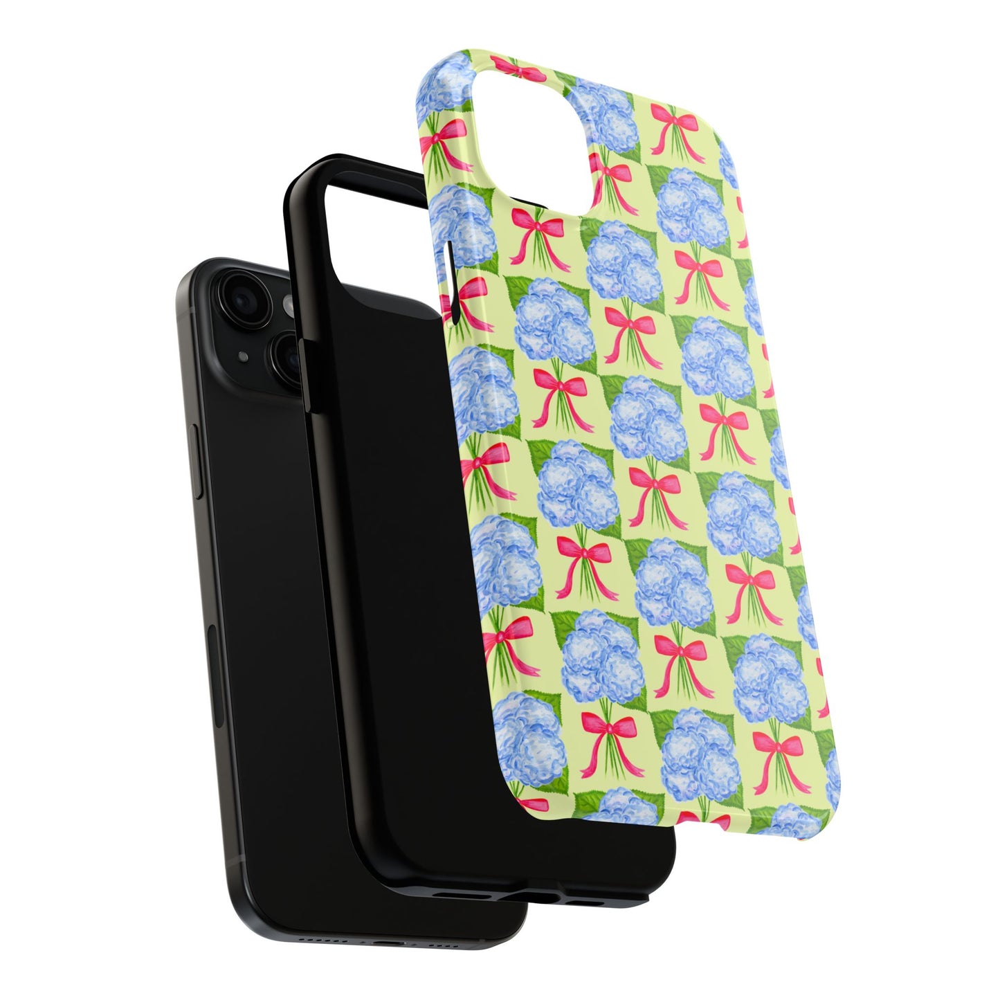 Blue Watercolor Hydrangea Bouquets with Hot Pink Bows Illustrated Patterned Yellow Preppy Grand Millenial Tough Phone Case | Various Models
