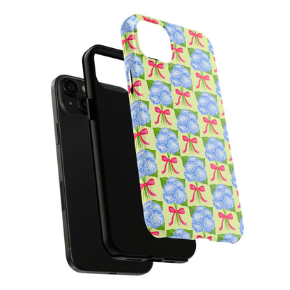Blue Watercolor Hydrangea Bouquets with Hot Pink Bows Illustrated Patterned Yellow Preppy Grand Millenial Tough Phone Case | Various Models