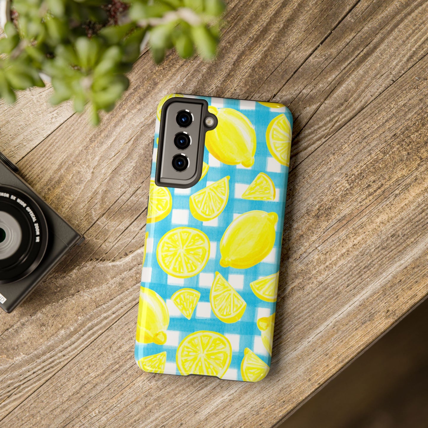 Yellow Lemons & Turquoise Gingham Watercolor Illustrated Tough Phone Case | Various Models Available