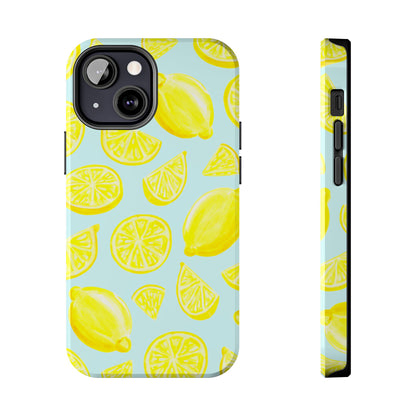 Bright Yellow Lemons Watercolor Illustrated Tossed Pattern Light Blue Tough Phone Case | Various Models