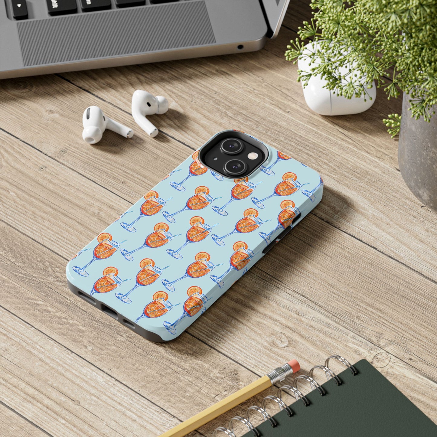 Orange & Blue Aperol Spritz Watercolor Pattern Turquoise Phone Case | Various Models