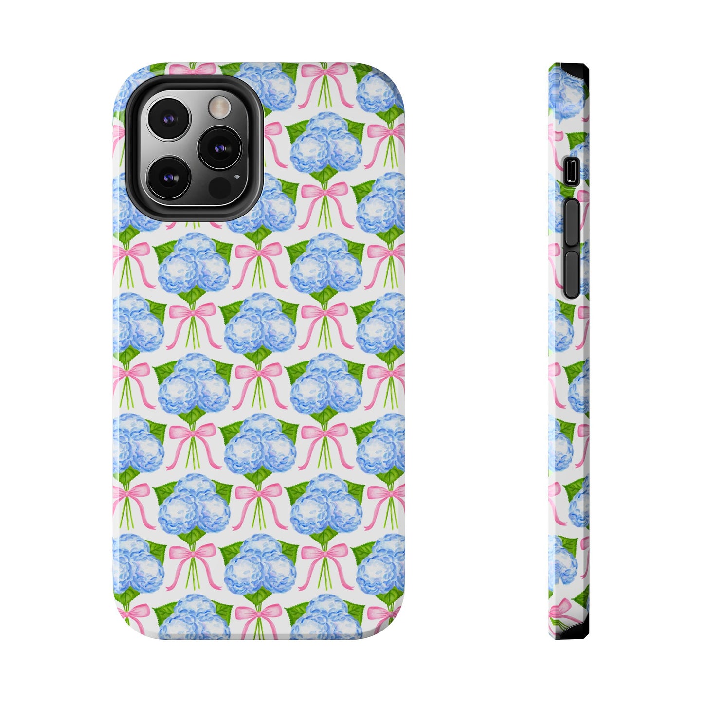 Blue Watercolor Hydrangea Bouqets with Light Pink Bows Watercolor Illustrated Patterned Tough Phone Case | Various Models