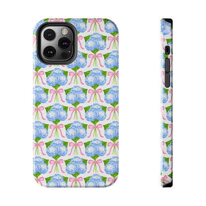 Blue Watercolor Hydrangea Bouqets with Light Pink Bows Watercolor Illustrated Patterned Tough Phone Case | Various Models