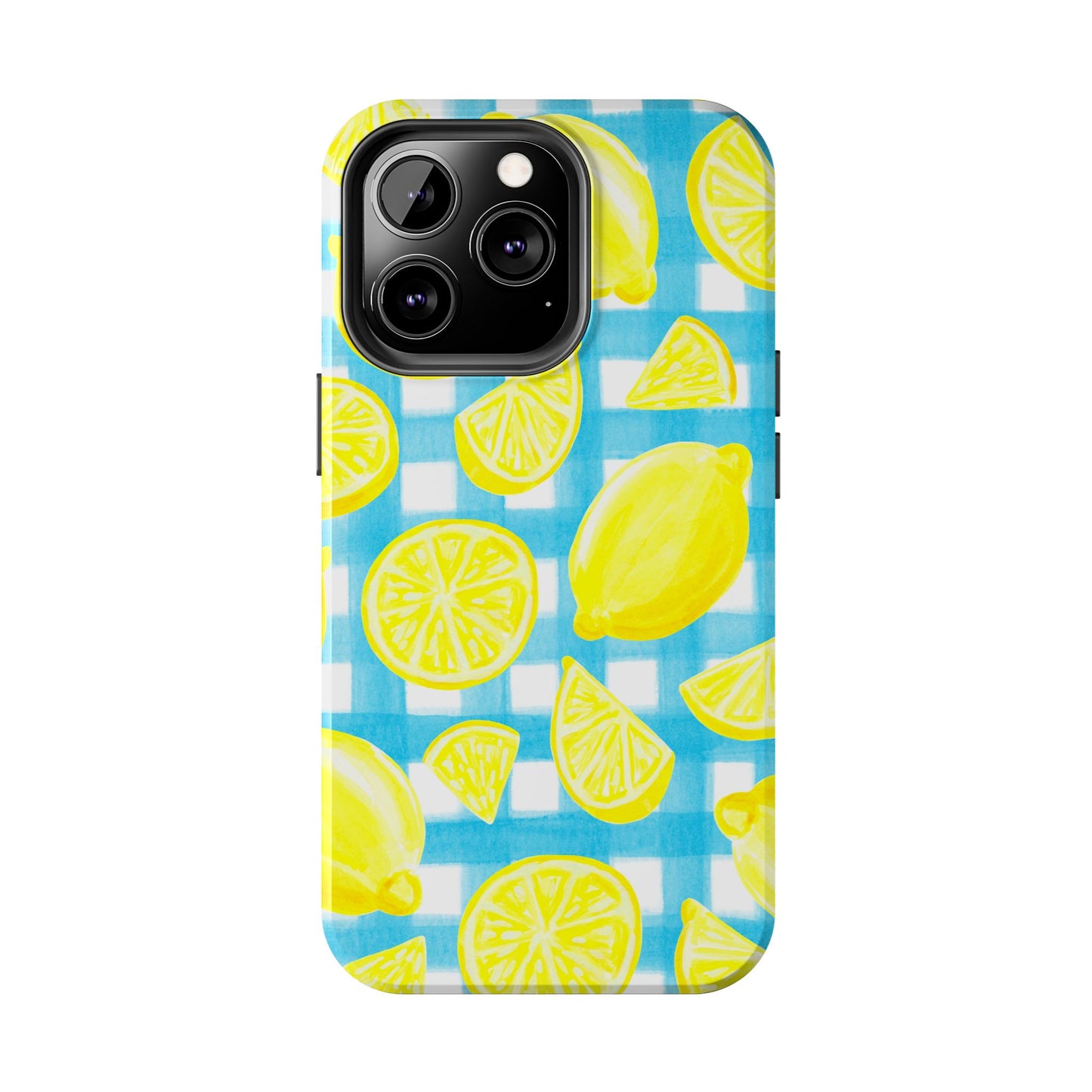 Yellow Lemons & Turquoise Gingham Watercolor Illustrated Tough Phone Case | Various Models Available