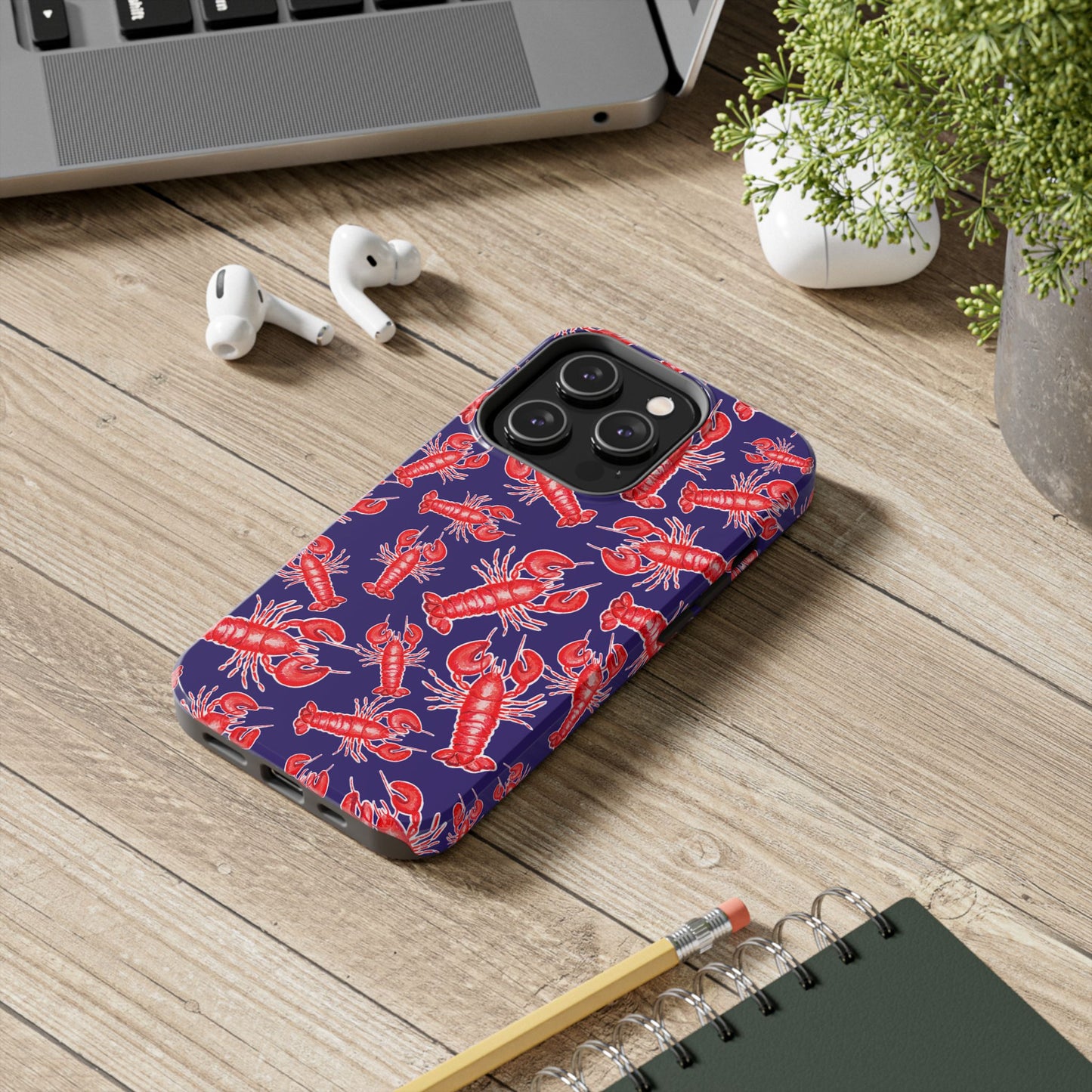 Red Lobster Watercolor Illustrated Tossed Pattern Navy Coastal Nautical Tough Phone Case | Various Models