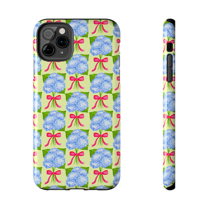 Blue Watercolor Hydrangea Bouquets with Hot Pink Bows Illustrated Patterned Yellow Preppy Grand Millenial Tough Phone Case | Various Models