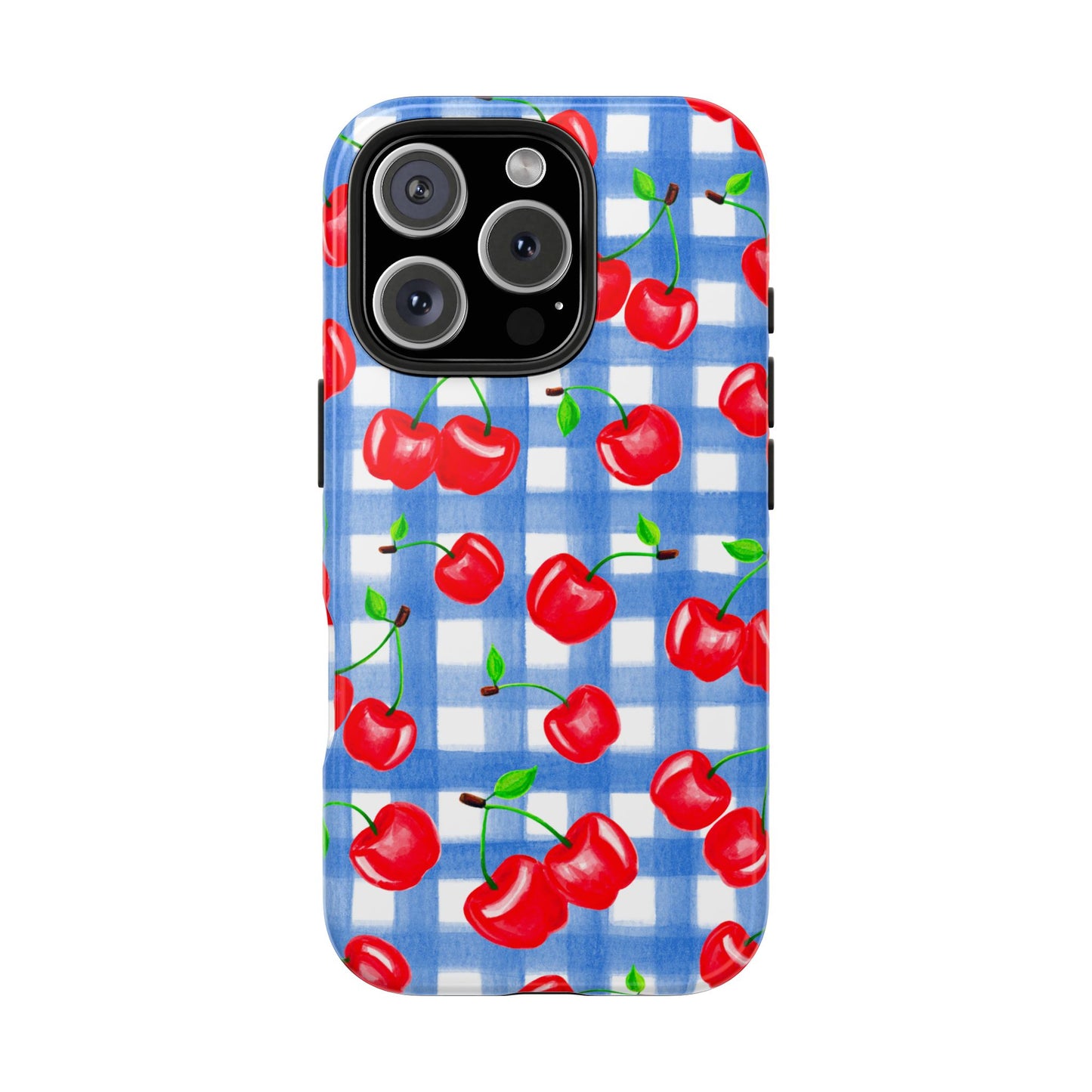 Tossed Red Watercolor Illustrated Cherries Light Blue Gingham Tough Phone Case | Various Models