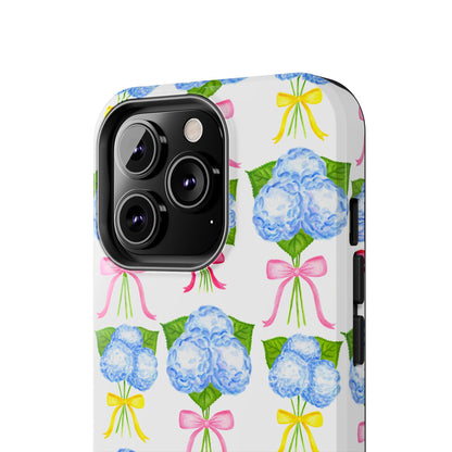 Blue Hydrangeas with Hot Pink, Yellow, Light Pink Bows Watercolor Illustrated Patterned Tough Phone Case | Various Models