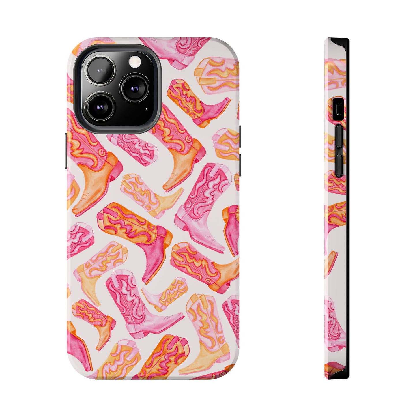Tossed Hot Pink & Orange Watercolor Cowboy Boots Tough Light Pink Phone Case | Various Models Available iPhone 13 Pro Max
