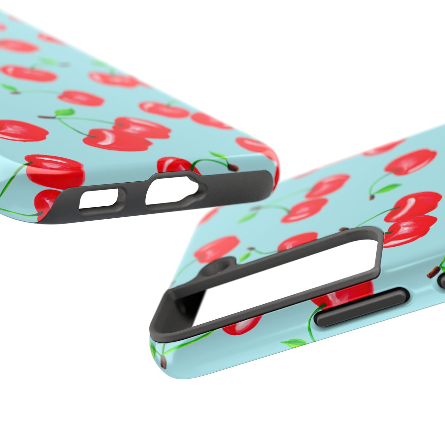 Tossed Red Watercolor Cherries Illustrated Pattern Bright Blue Tough Phone Case | Various Models