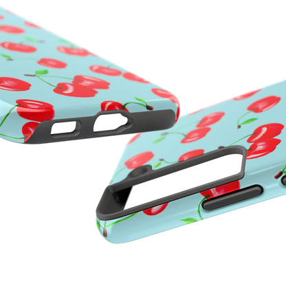 Tossed Red Watercolor Cherries Illustrated Pattern Bright Blue Tough Phone Case | Various Models