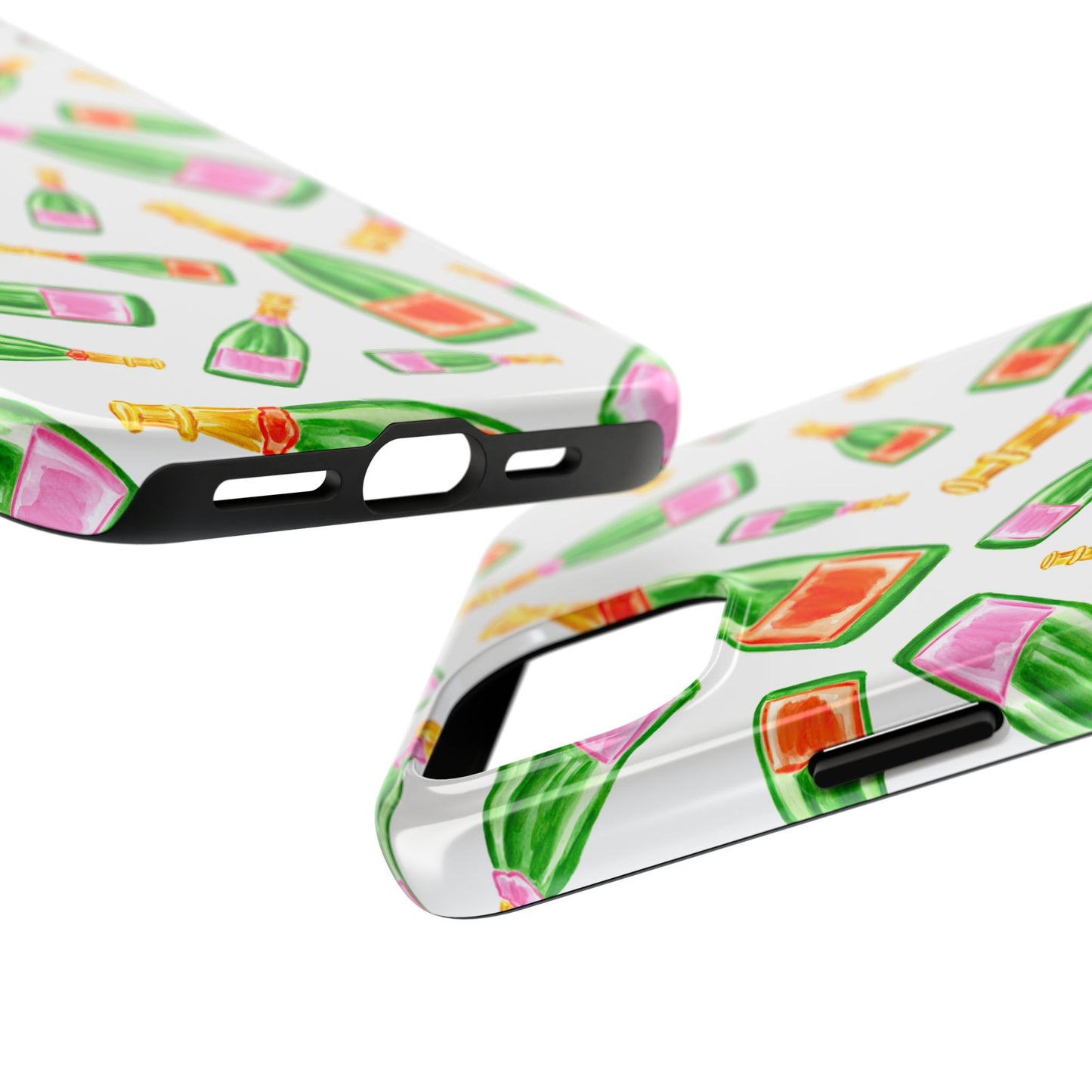 Tossed Pink and Green & Orange and Green Watercolor Illustrated Champagne Bottles Pattern Tough Phone Case | Various Models