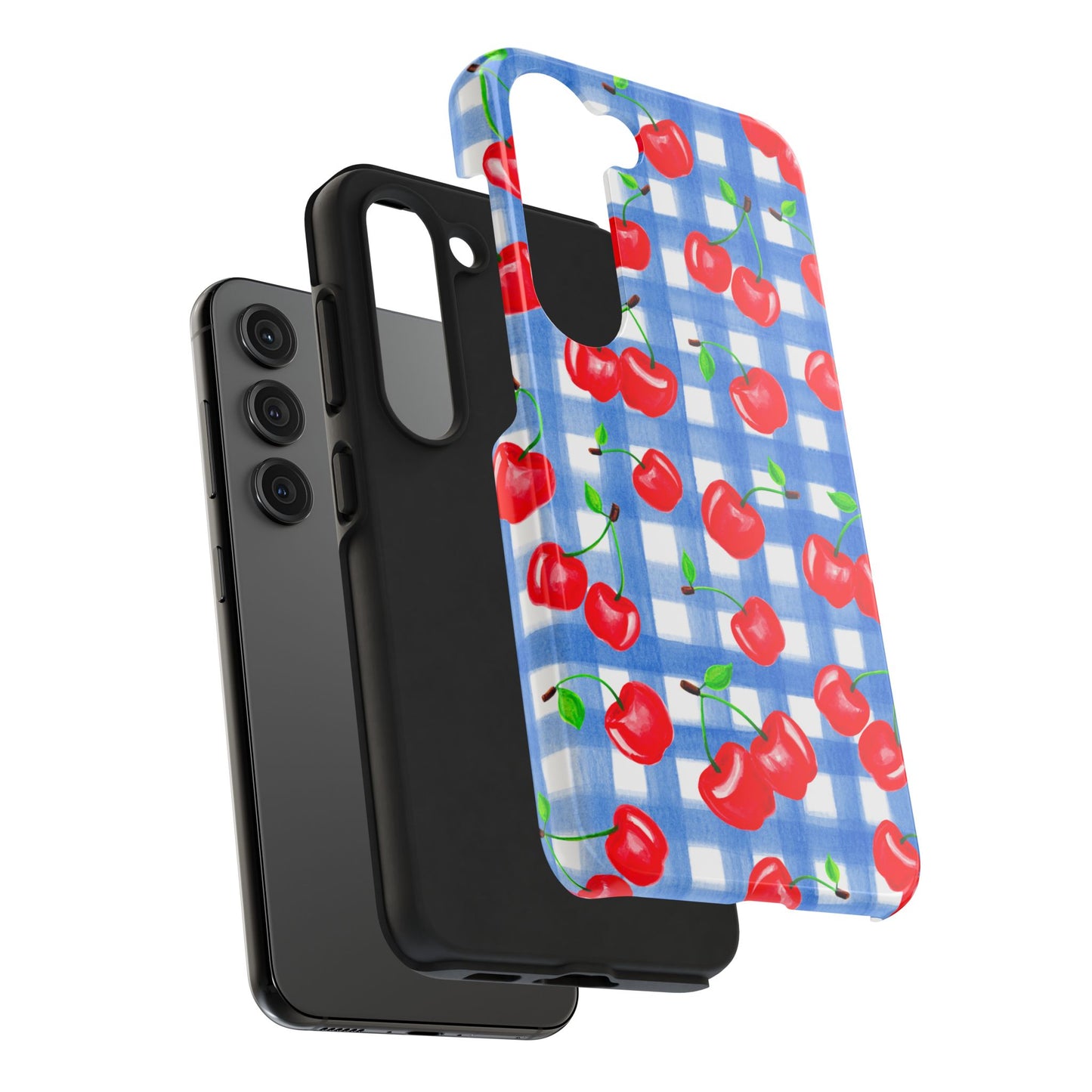 Tossed Red Watercolor Illustrated Cherries Light Blue Gingham Tough Phone Case | Various Models