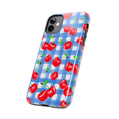 Tossed Red Watercolor Illustrated Cherries Light Blue Gingham Tough Phone Case | Various Models