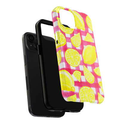 Yellow Lemons & Hot Pink Gingham Watercolor Illustrated Tough Phone Case | Various Models Available