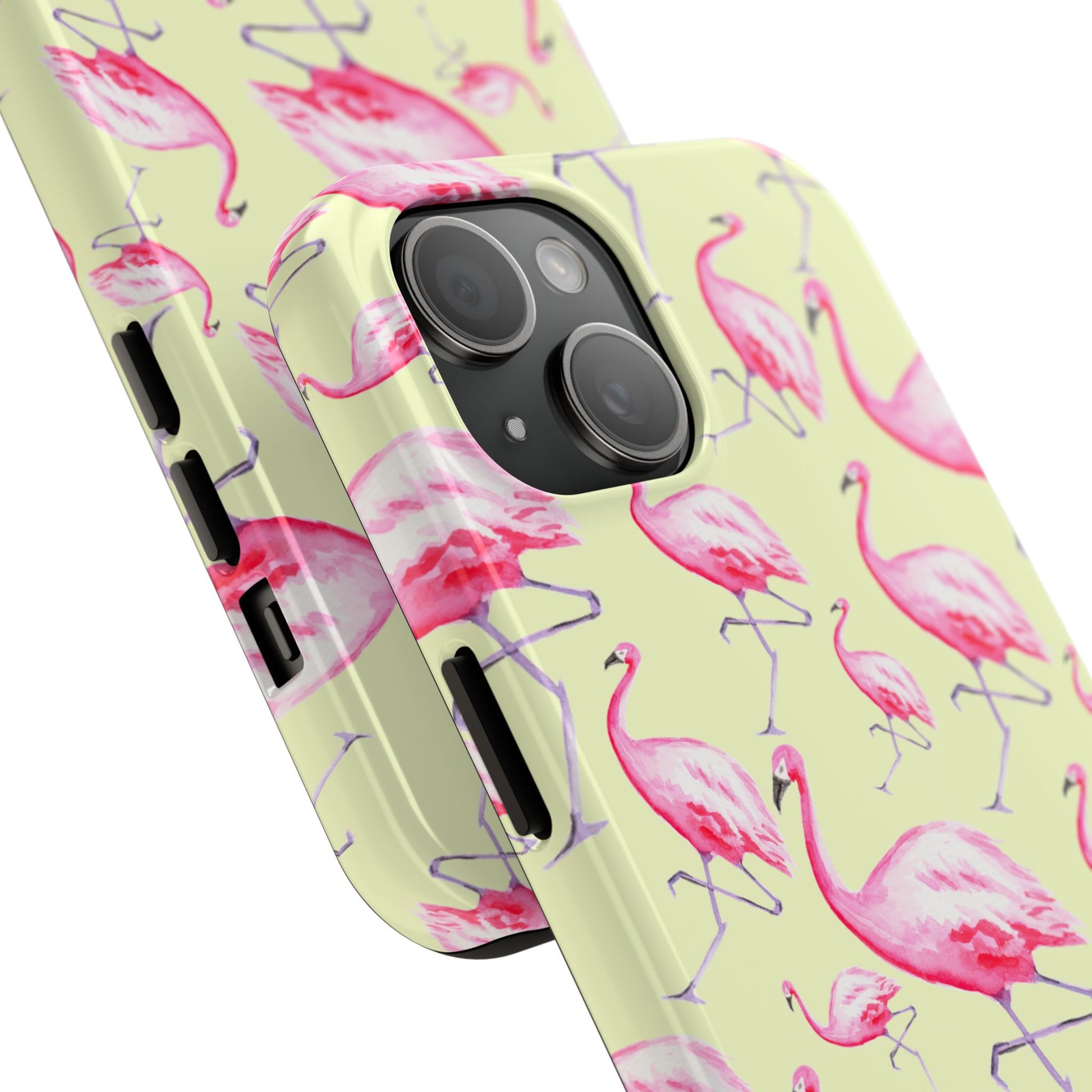Pink Flamingos Watercolor Illustrated Tossed Pattern Yellow Phone Case | Various Models