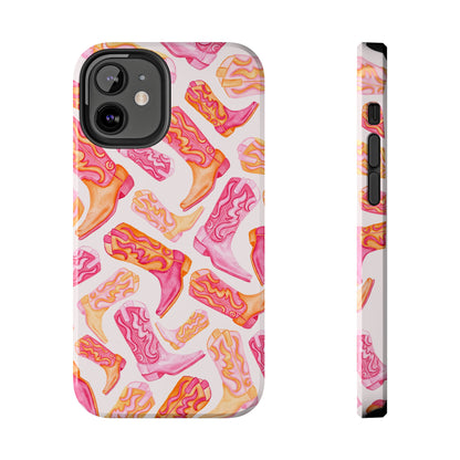 Tossed Hot Pink & Orange Watercolor Cowboy Boots Tough Light Pink Phone Case | Various Models Available iPhone 12 Mini