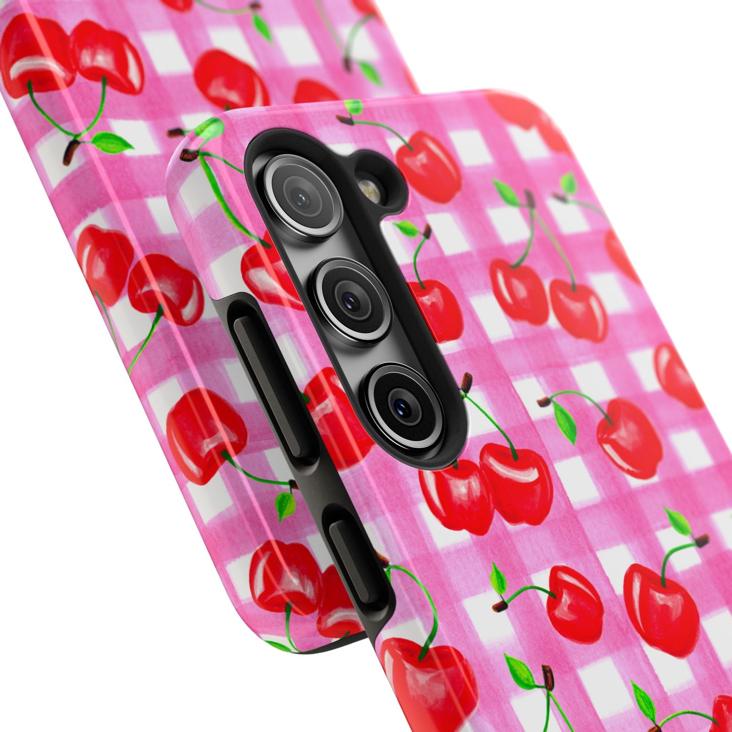 Tossed Red Watercolor Cherries Illustrated Pattern Light Pink Gingham Tough Phone Case | Various Models