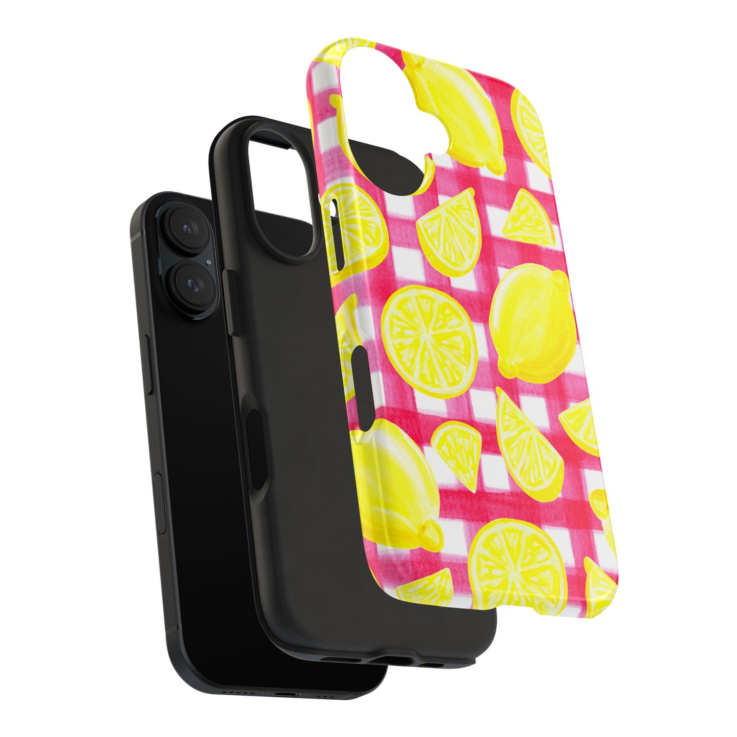 Yellow Lemons & Hot Pink Gingham Watercolor Illustrated Tough Phone Case | Various Models Available