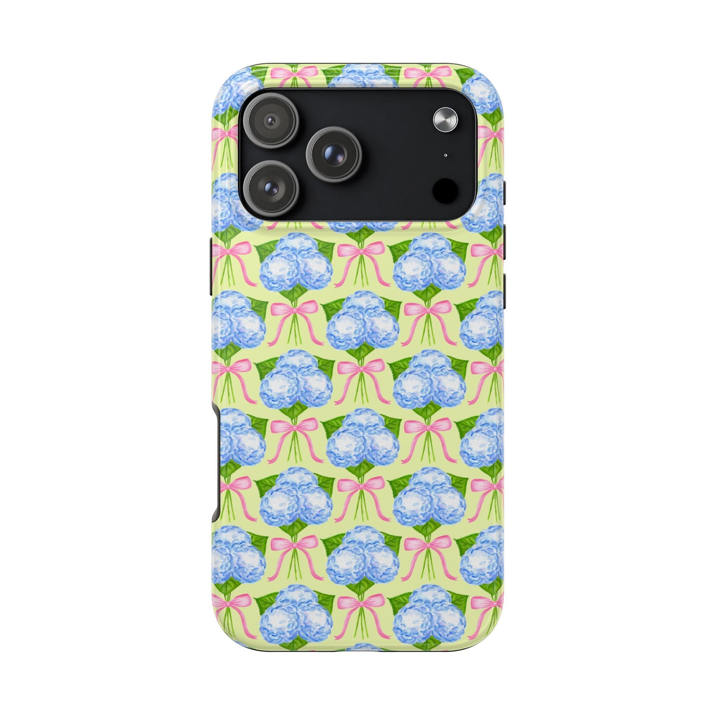 Blue Watercolor Hydrangea Bouquets with Light Pink Bows Watercolor Illustrated Patterned Yellow Tough Phone Case | Various Models