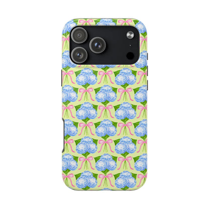 Blue Watercolor Hydrangea Bouquets with Light Pink Bows Watercolor Illustrated Patterned Yellow Tough Phone Case | Various Models