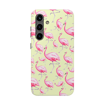 Pink Flamingos Watercolor Illustrated Tossed Pattern Yellow Phone Case | Various Models Samsung Galaxy S24