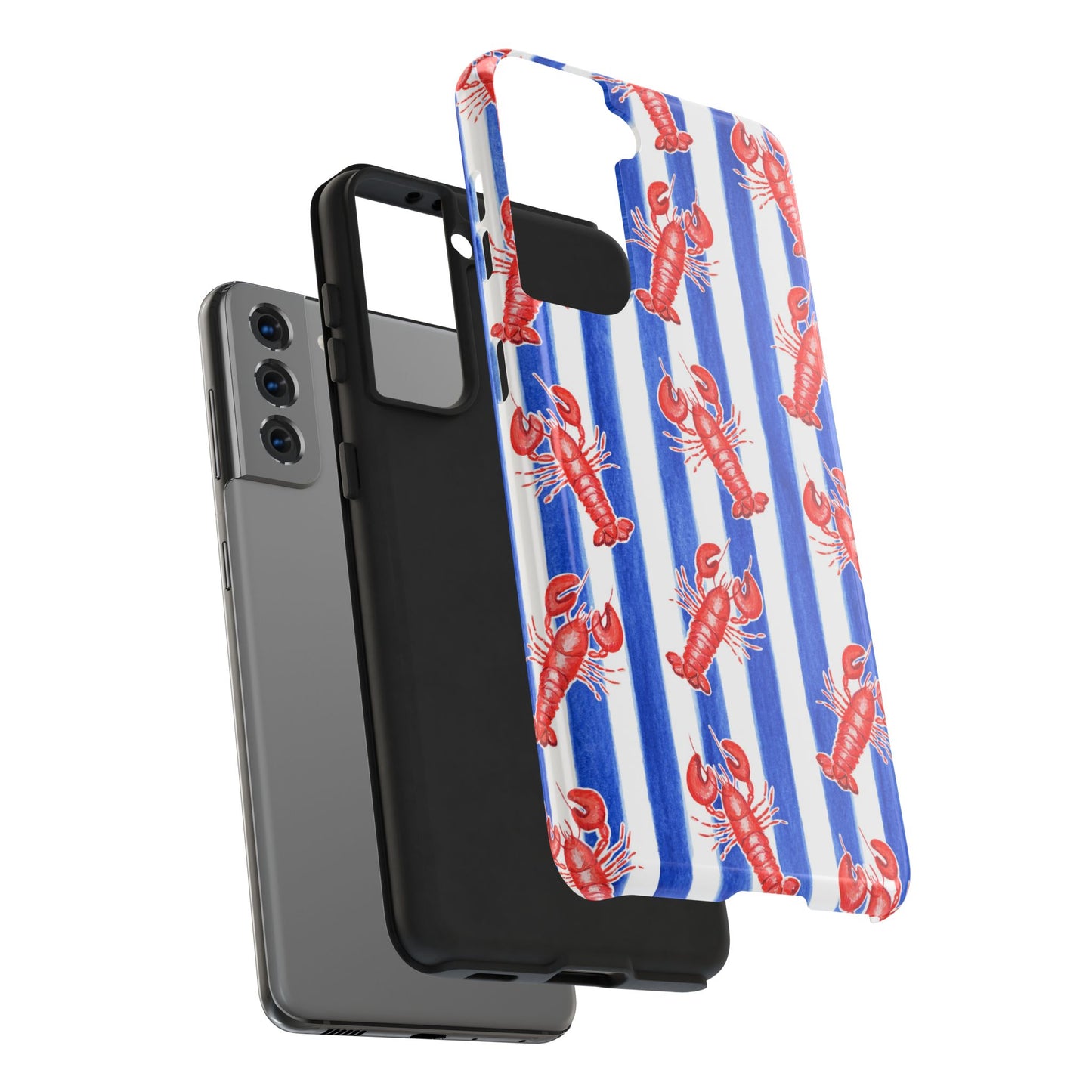 Blue & White Strip Red Lobster Watercolor Patterned Phone Case | Various Models
