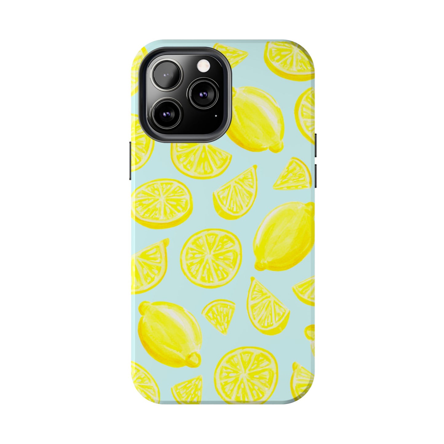 Bright Yellow Lemons Watercolor Illustrated Tossed Pattern Light Blue Tough Phone Case | Various Models