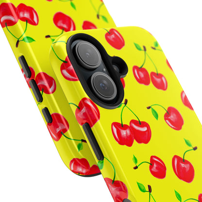 Tossed Red Watercolor Cherries Illustrated Pattern Bright Yellow Tough Phone Case | Various Models