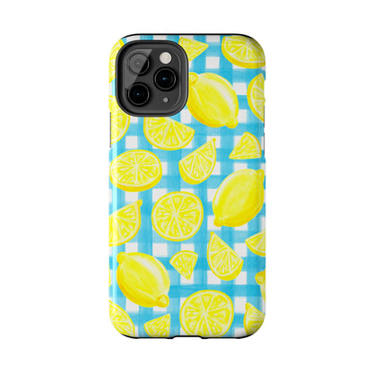 Bright Yellow Lemons Watercolor Illustrated Tossed Pattern Turquoise Gingham Tough Phone Case | Various Models