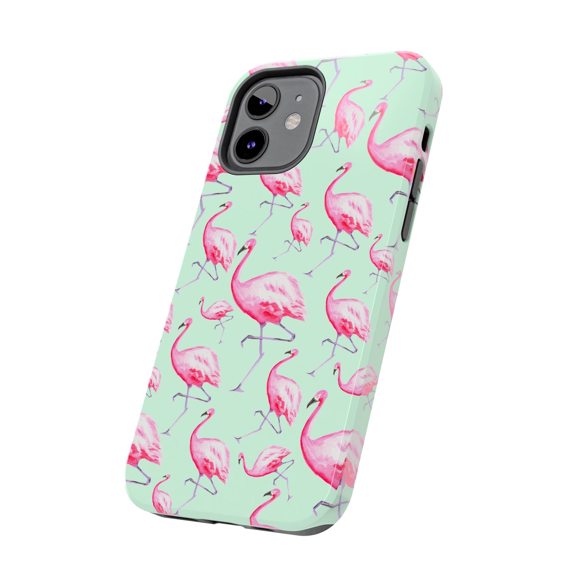 Pink Flamingos Watercolor Illustrated Tossed Pattern Green Phone Case | Various Models