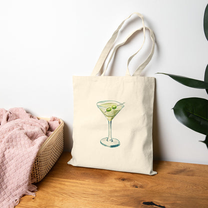 Canvas Book Tote | Blue & Green Martini Watercolor Farmers Market Tote | Cocktail Bachelorette Gift Hostess Natural 15" x 16"