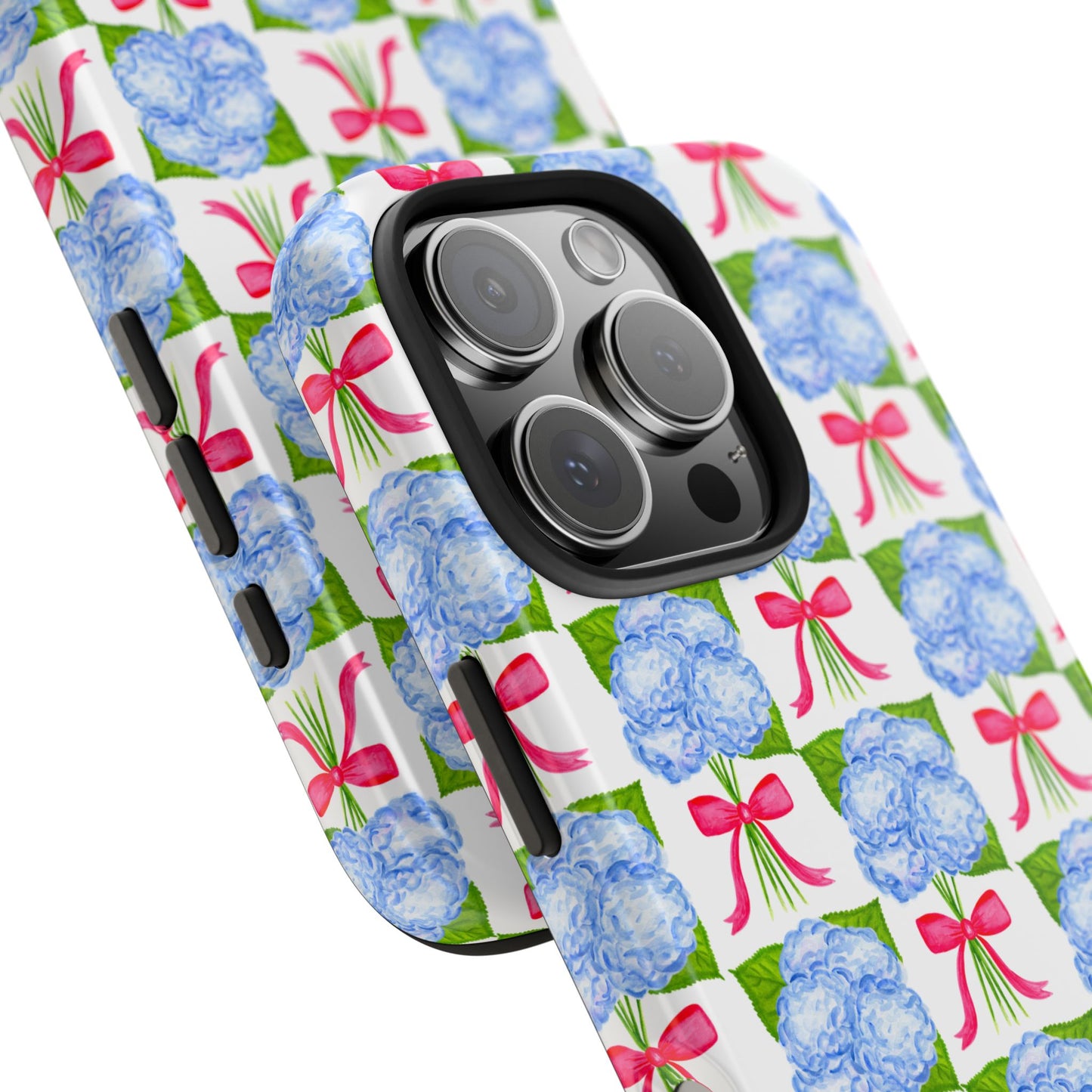 Blue Watercolor Hydrangea Bouquets with Hot Pink Bows Illustrated Patterned Tough Phone Case | Various Models