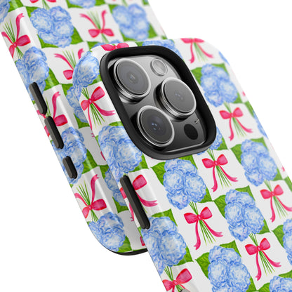 Blue Watercolor Hydrangea Bouquets with Hot Pink Bows Illustrated Patterned Tough Phone Case | Various Models