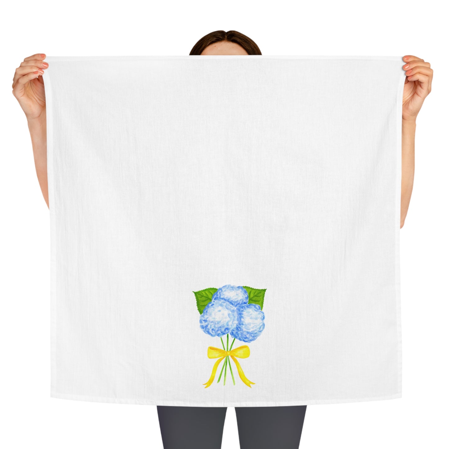 Tea Towel | Watercolor Blue Hydrangeas with Yellow Bow Printed Illustration | Preppy Coastal Kitchen Decor Gifts