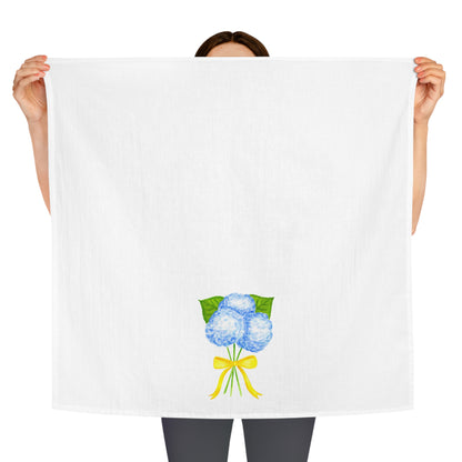 Tea Towel | Watercolor Blue Hydrangeas with Yellow Bow Printed Illustration | Preppy Coastal Kitchen Decor Gifts
