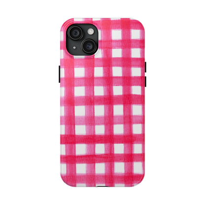 Hot Pink Gingham Watercolor Preppy Tough Phone Case | Various models iPhone 15 Plus
