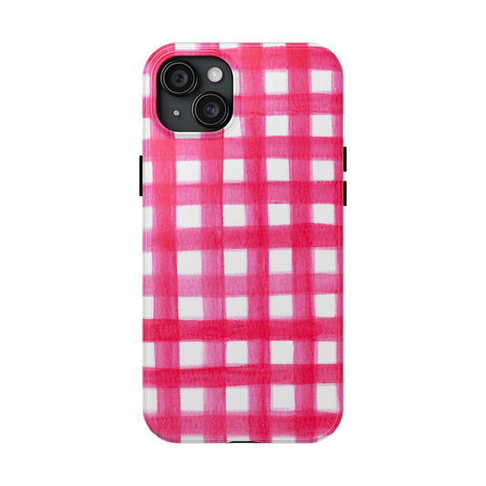 Hot Pink Gingham Watercolor Preppy Tough Phone Case | Various models iPhone 15 Plus