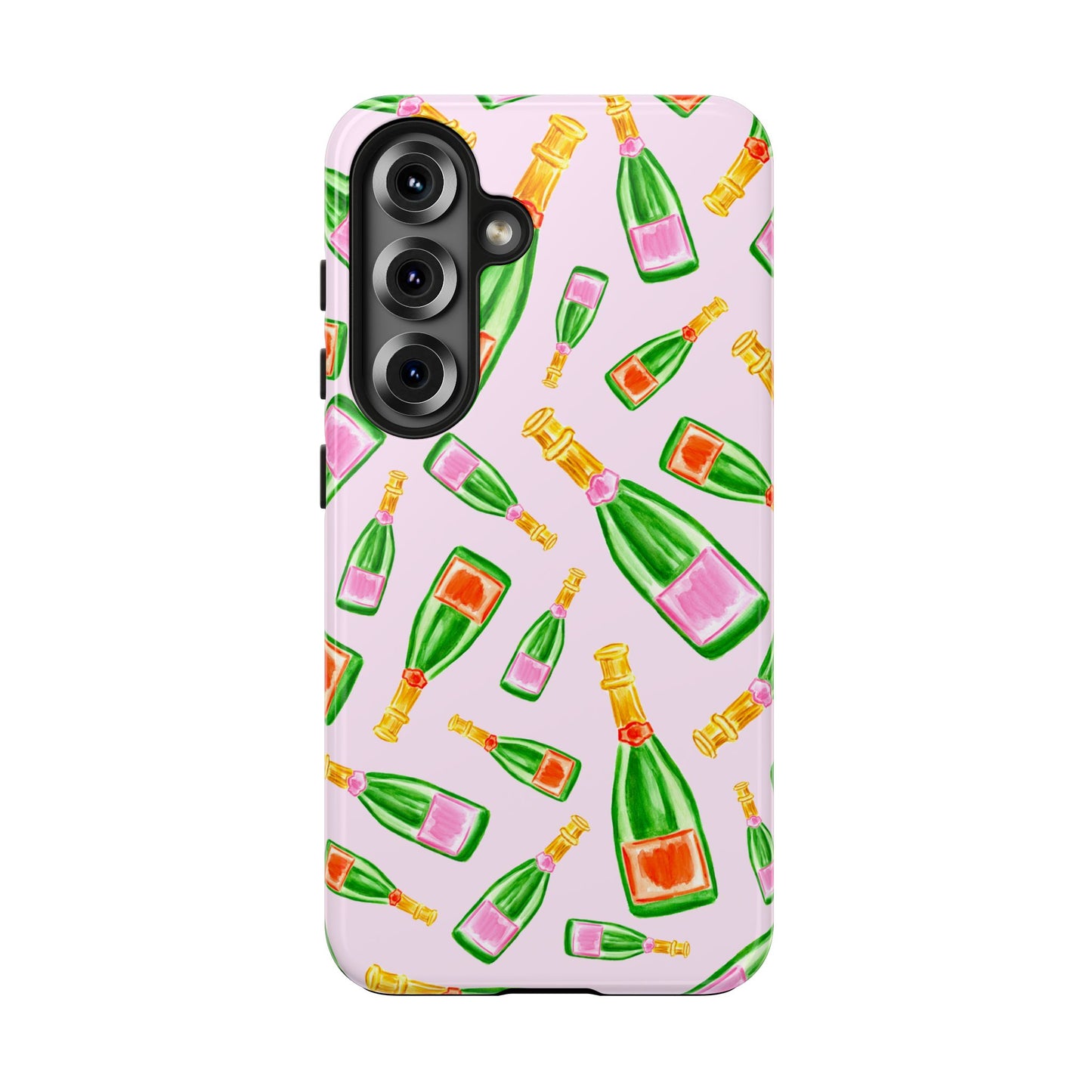 Tossed Pink and Green & Orange and Green Watercolor Illustrated Champagne Bottles Pattern Blush Pink Tough Phone Case | Various Models